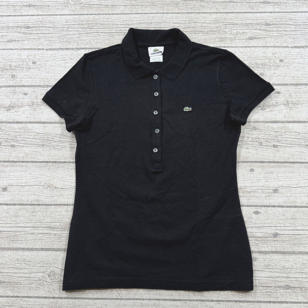 Lacoste Polo Shirt Womens 40 Black Short Sleeve Pique Cotton Athletic Sportswear